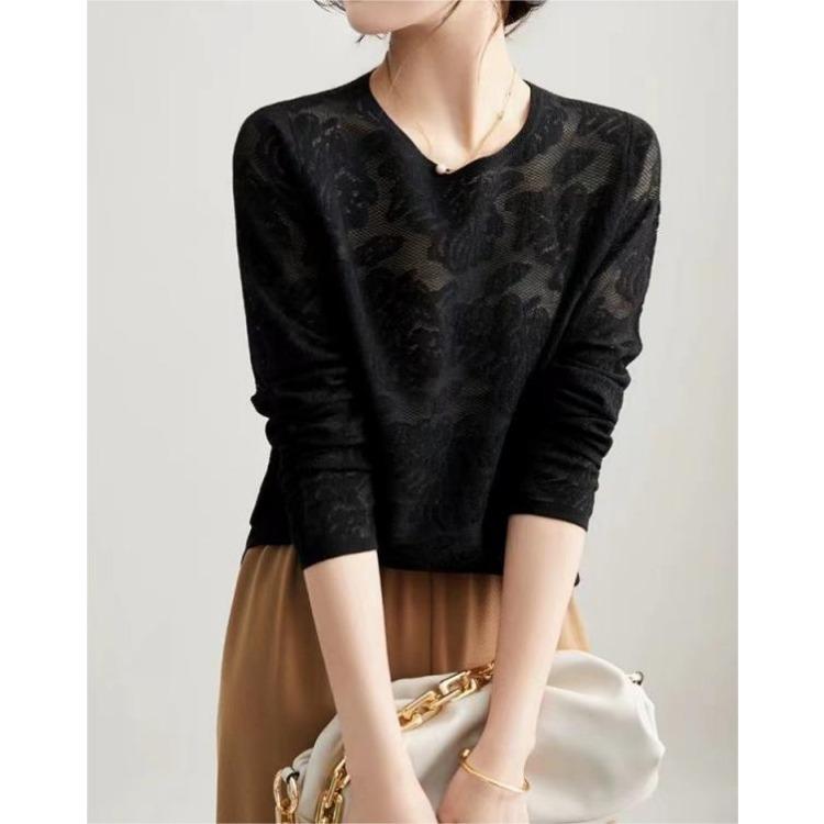 Women's Knitted Sweater Thin Sweater Temperament Commuting Style Round Neck Embossed Long Sleeve