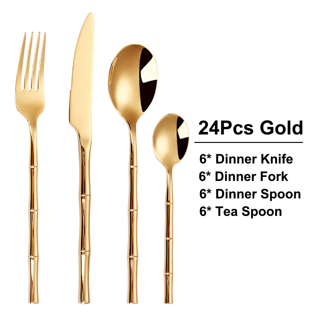 6/24/30Pcs Stainless Steel 304 Tableware Gold Cutlery Set Western Bamboo Shaped Handle Knife Fork Spoon Mirror Dinner Set