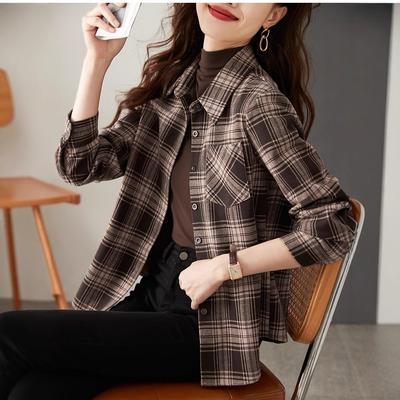Camisa Casual de Manga Comprida Xadrez Furtado para Primavera Novo Estilo Simples e Versátil Jaqueta Camisa Xadrez para Mulheres