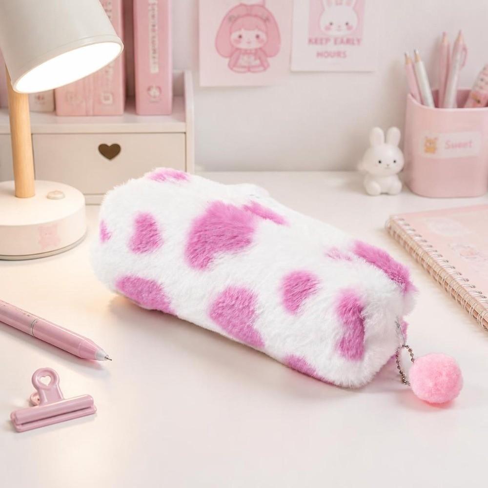 Cartoon Plush Pencil Case Polka Dot Love Print Pen Bag Portable Pencil Pouch Makeup Storage