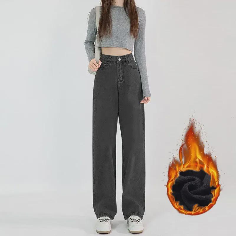 Women's High Waist Plush Wide-Leg Jeans: Thick, Loose, and Versatile for Spring, Autumn, and Winter.