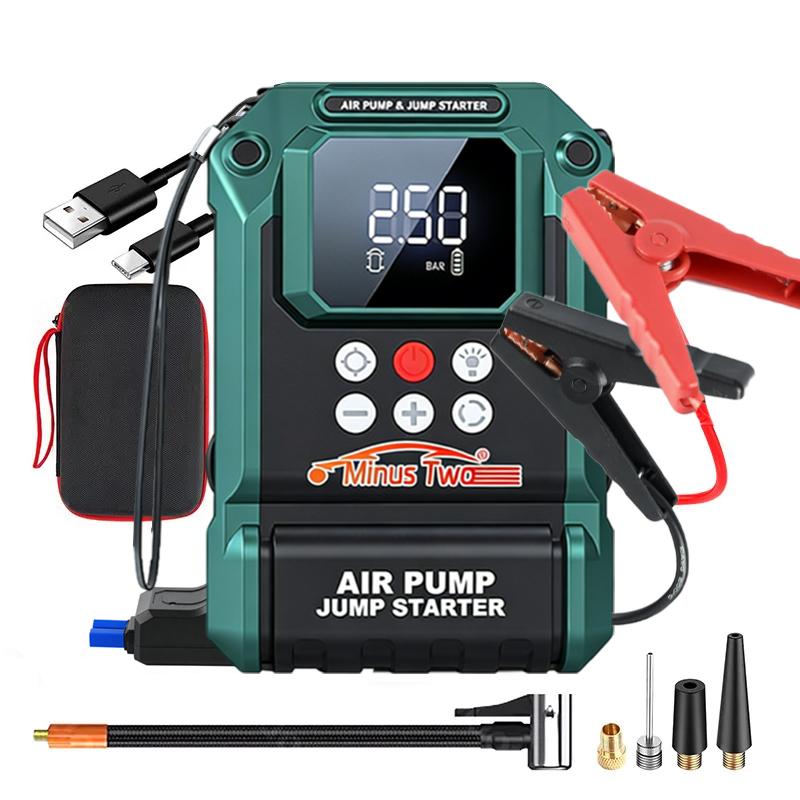 

12V Durable 4-in-1 Car Jump Starter & Tire Air Compressor - 200PSI, -40°C-80°C Low-Temp Operation, USB Port for Phones Smart battery clamp