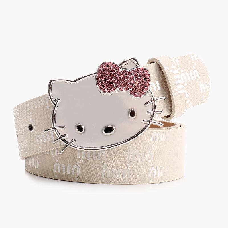 Metalowy Pasek Damski Hello Kitty z Nadrukiem Litery i Cyrkoniami do Codziennego i Eleganckiego Ubioru