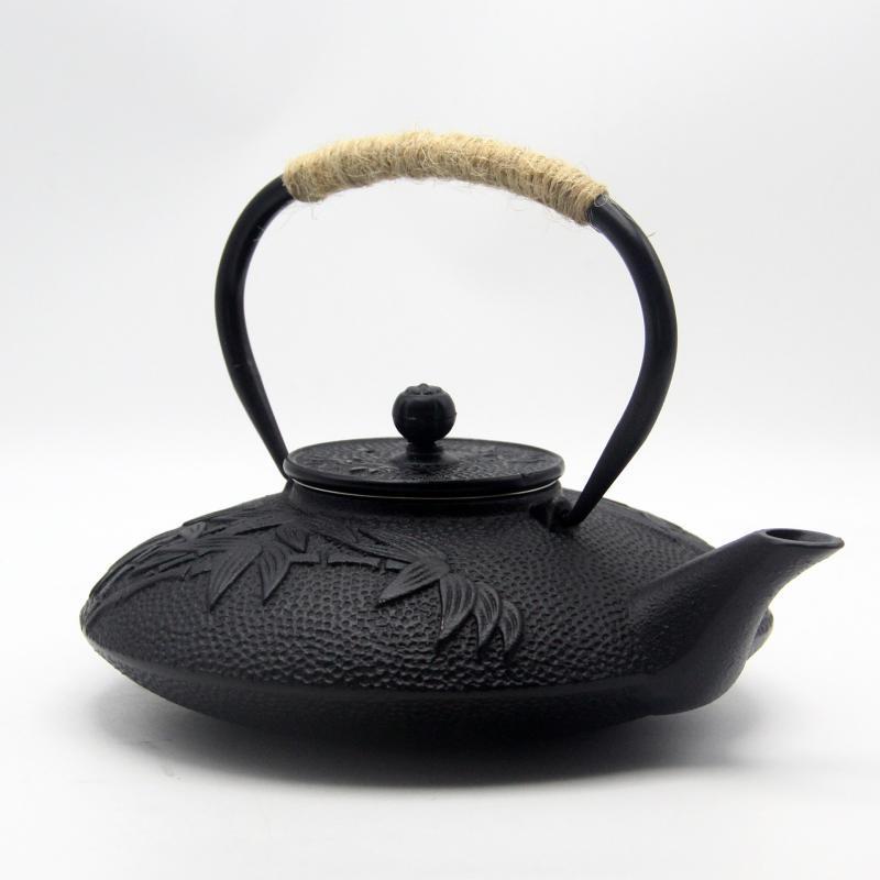 European Style Enamel Cast Iron Teapot with Flat Bamboo Design