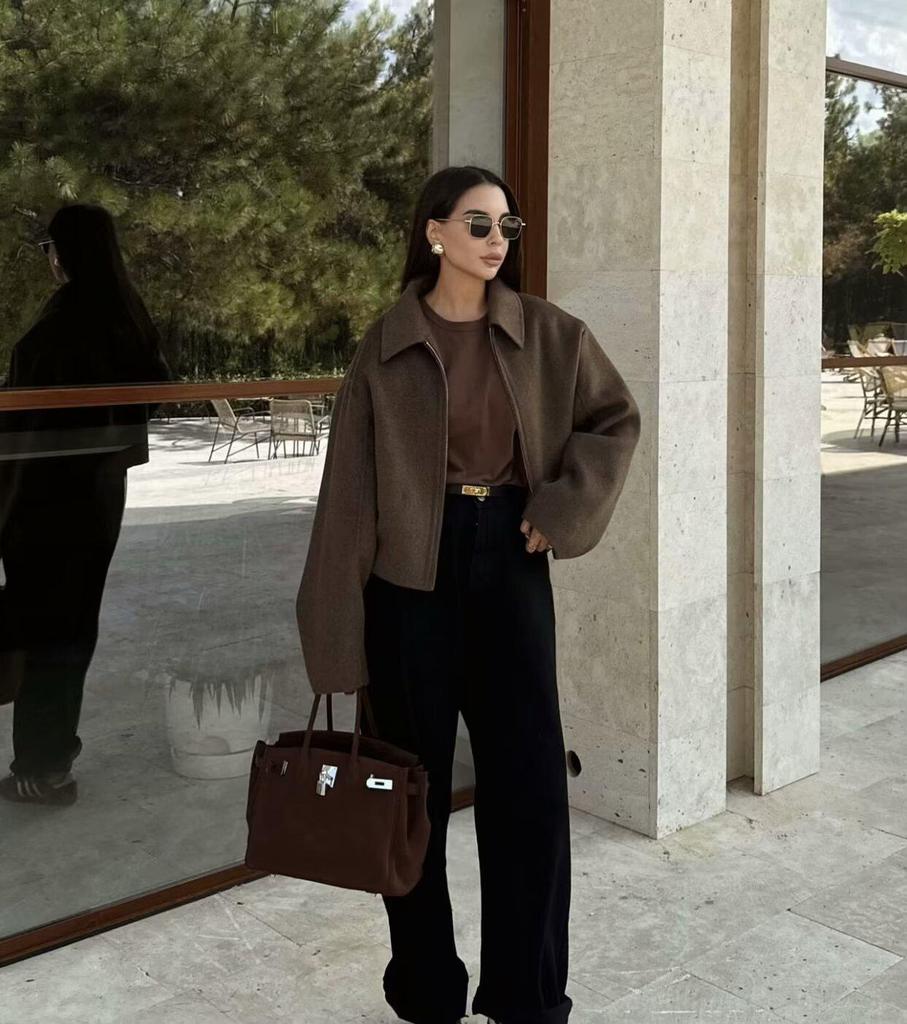 Women's 2025 Autumn/Winter American Retro Wide-Leg Woolen Zipper Jacket Coat