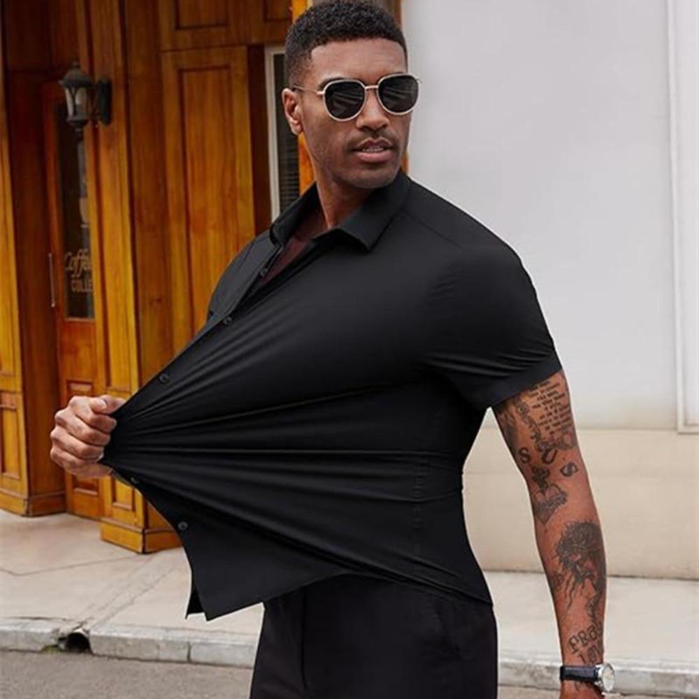 

High Quality Summer Business Shirts For Men Short Sleeve Button Wrinkle Free Elasticity Social Black Office Dress Shirts US Size XS
