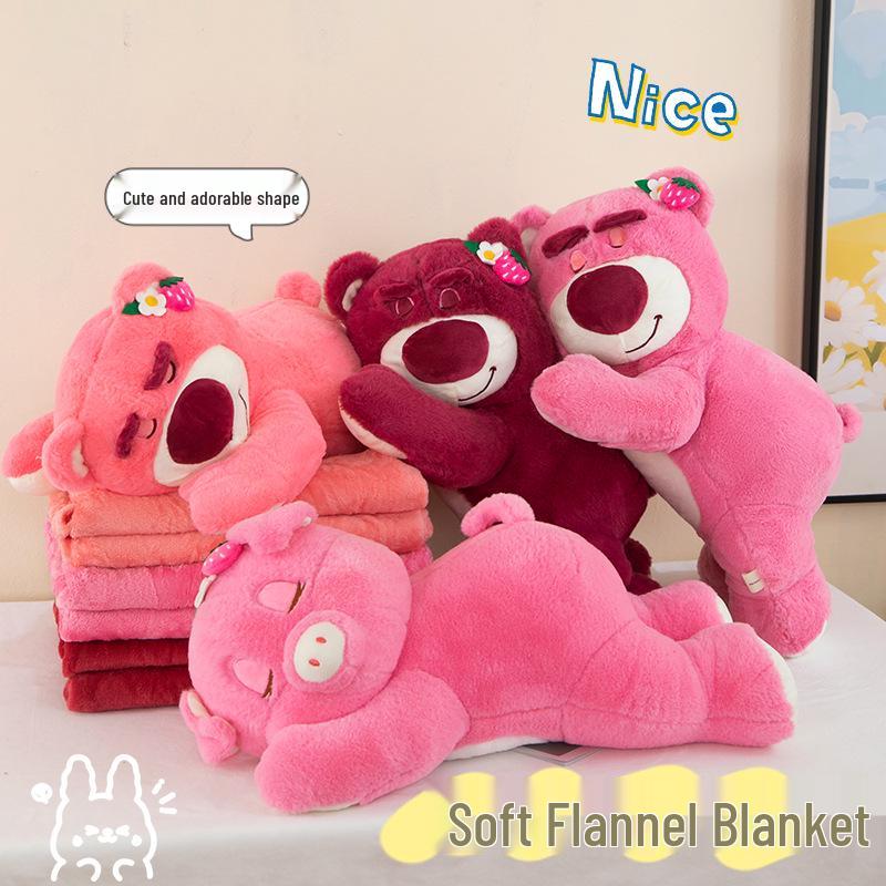 Strawberry Hugging Pig & Little Bear Plush Toy Blanket – Dual-use Nap & Travel Comfort for Kids