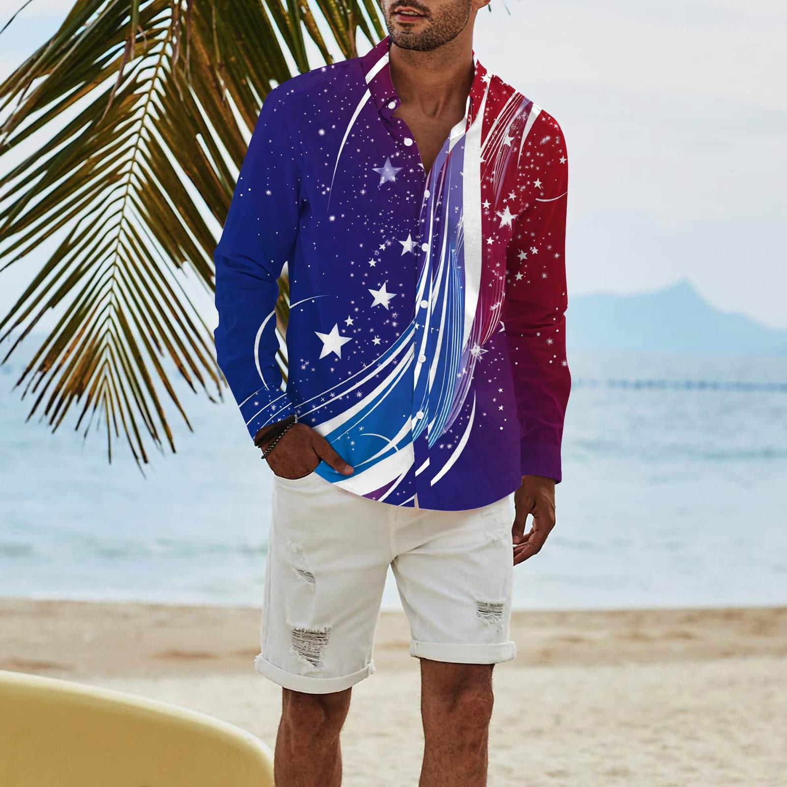 

Мужская модная повседневная футболка с длинным рукавом и принтом «День независимости» на пуговицах, рубашка обычного кроя L фиолетовый