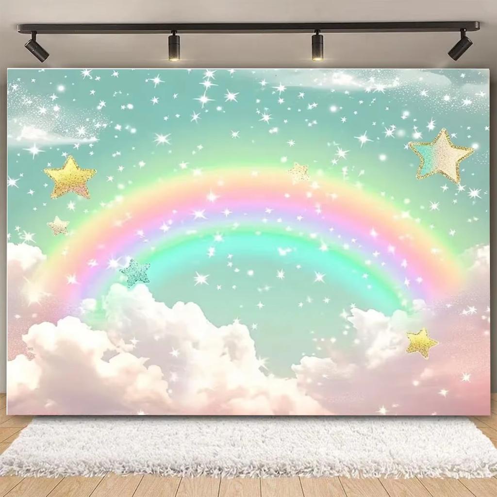 Colorful Sky Rainbow Cloud Castle Backdrop Gold Glitter Star Baby Shower Kids Girls Children's Birthday Party Backgrounds Decor