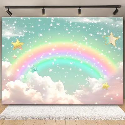 Kolorowe Niebo Tęczowa Chmura Zamek Tło Złoty Brokat Gwiazda Baby Shower Dzieci Dziewczynki Dziecięce Urodziny Tła Dekor