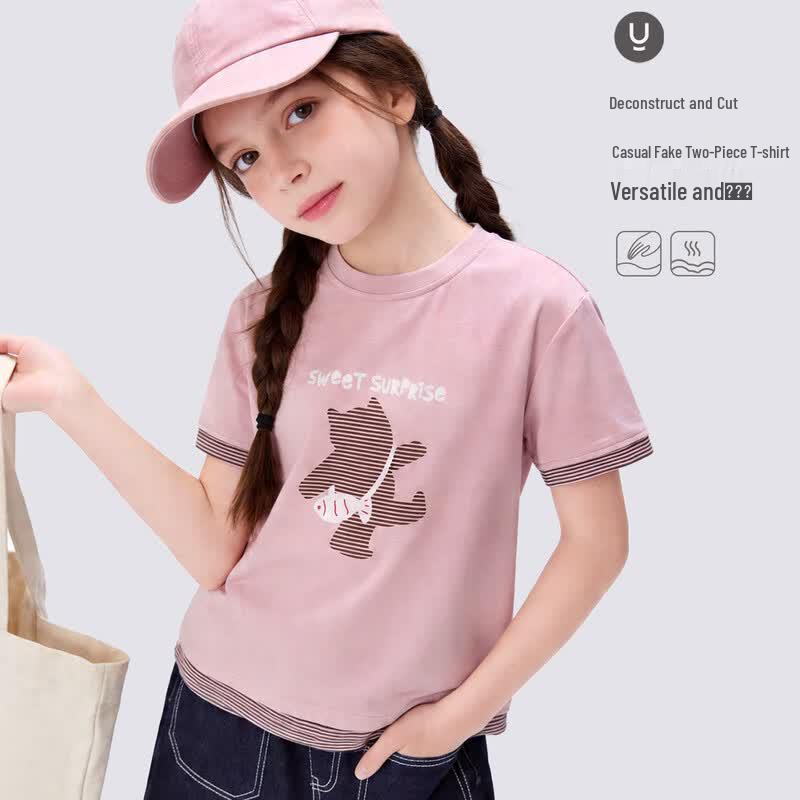 Duomiaowu Girls' Summer Faux Two-Piece Short Sleeve T-Shirt
