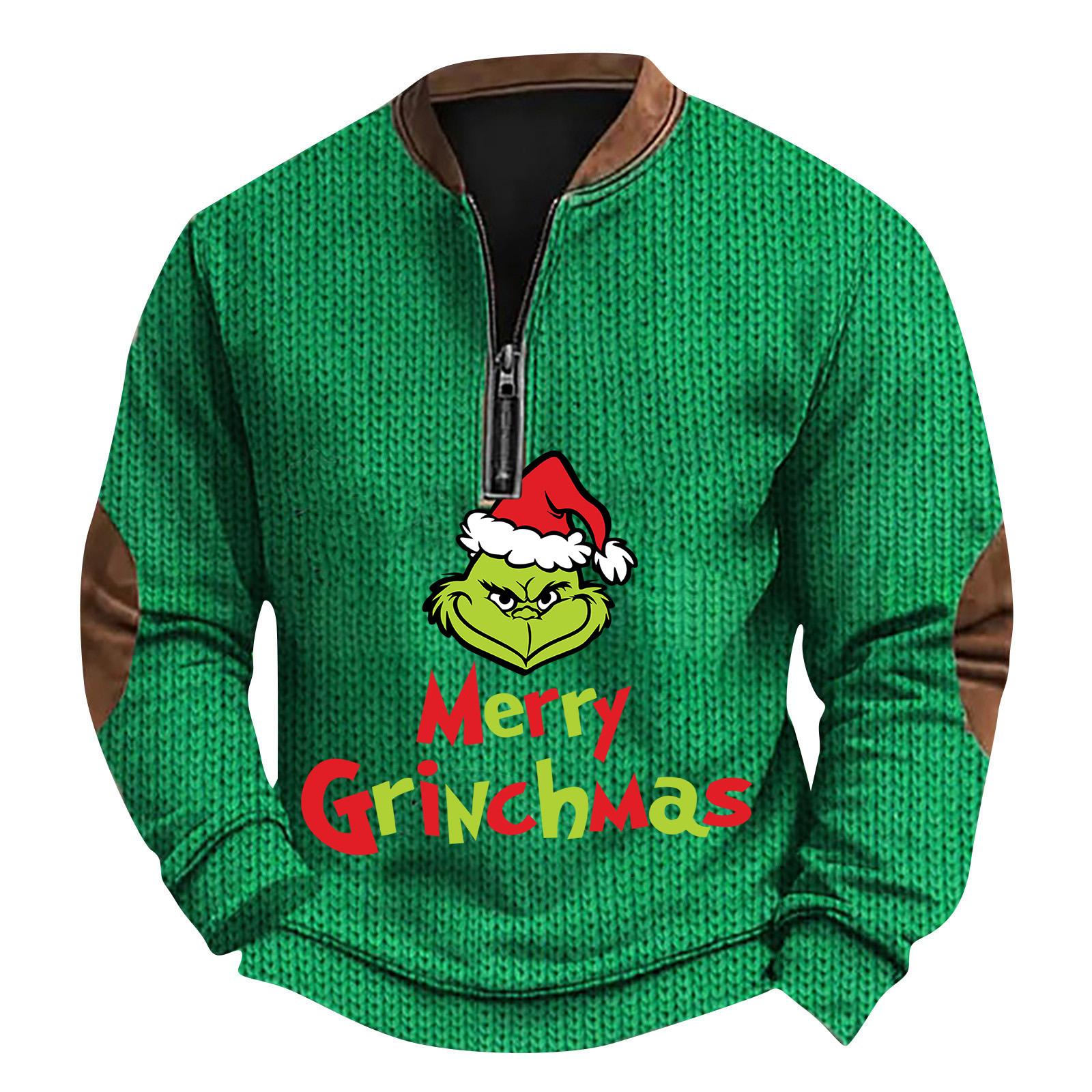 

Мужской рождественский свитер на молнии, винтажный вязаный графический свитшот, рождественский пуловер со стойкой XXXXL зелёный