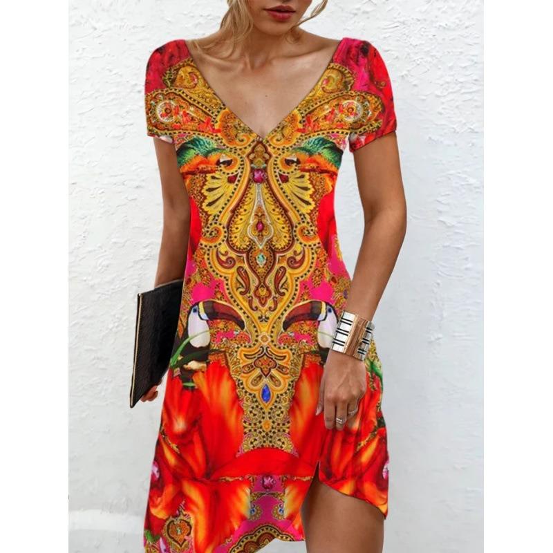 JPNTKY Fashion Summer Spring  Short Sleeve V-Neck Casual Dresses