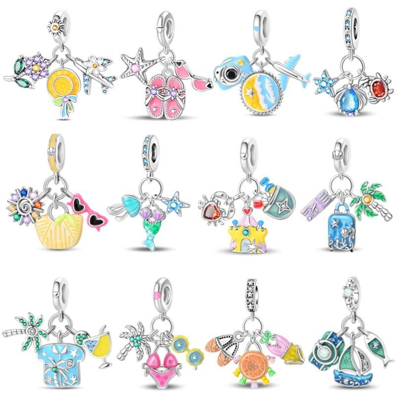 S925 Silver Summer Travel Cocktail Charm Pendant Handmade DIY Beaded Jewelry Accessories