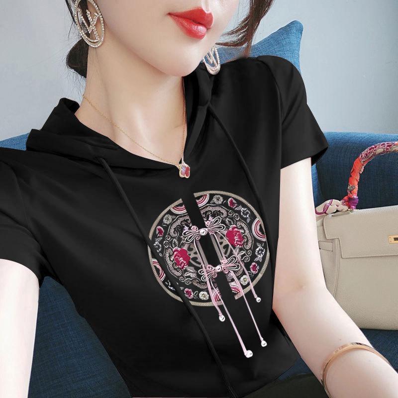 

100% Cotton Women s Chinese Ethnic Style Hooded Short Sleeve Casual T-shirt L [Recommended 50-55 kg]