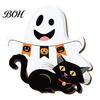 Easy Clean Festive Door Hanger Cute White Ghost Wooden Sign with Black Cat BOO Boho Halloween Room Decoration Banner, Waterproof Front Plaque