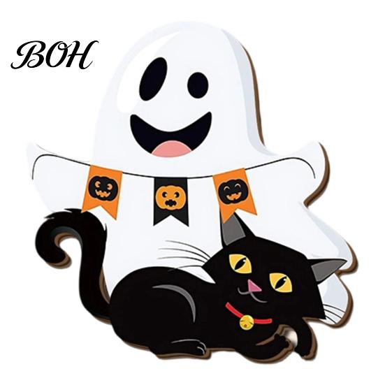 Easy Clean Festive Door Hanger Cute White Ghost Wooden Sign with Black Cat BOO Boho Halloween Room Decoration Banner, Waterproof Front Plaque