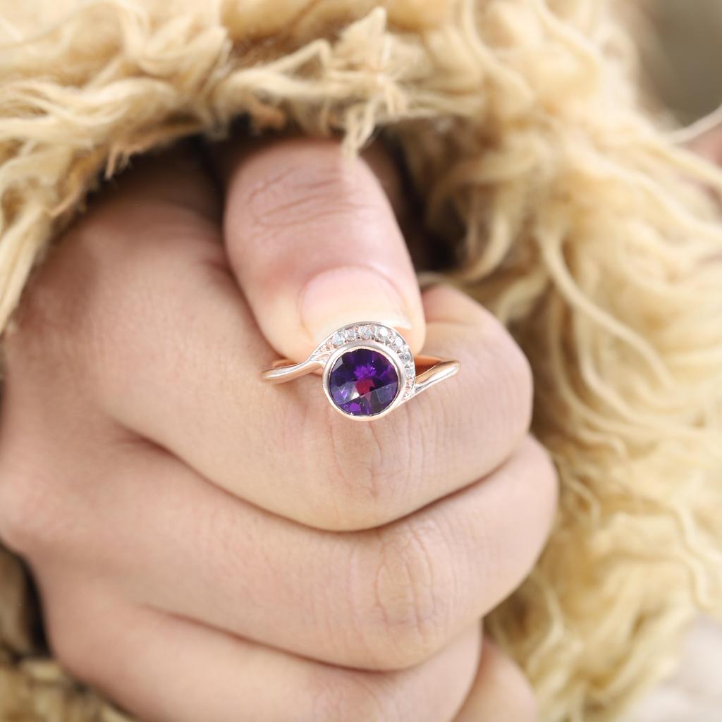 Round Cut Amethyst Ring, 14 K Rose Gold Plated Silver Bezel Engagement Ring with Diamond Accents,