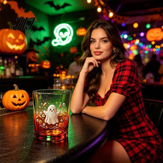 Cute Ghost Drinking Glasses Halloween Glass Cup, Colorful Gradient Aesthetic Tumbler with Whiskey Juice Soda Pumpkin Skull Print, Spooky Party