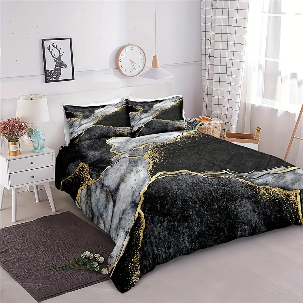 Abstract Marble Print Duvet Cover Set (1 Duvet Cover + 1/2 Pillowcase ), Soft Golden Marbling Bedding Set For Bedroom Dorm Room