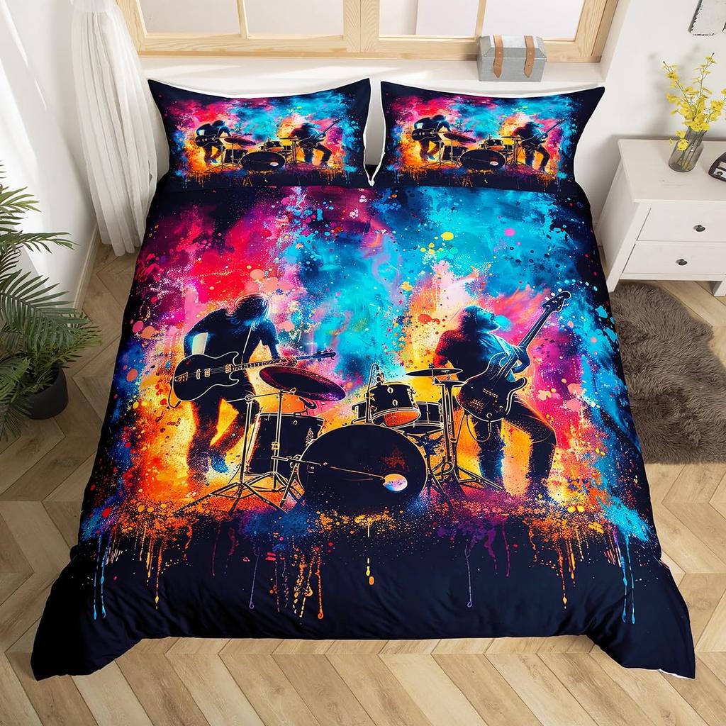 Drum Kit Duvet Cover Sets For Kids Boys Teens Queen Lightweight Quilt Covers Classical Music Bedding Set Room Decor No Comforter