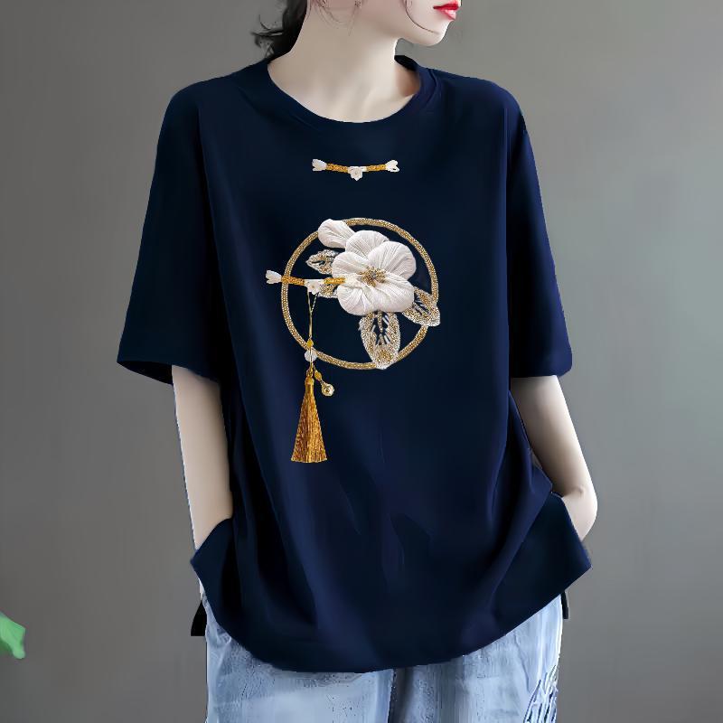 Women Summer Flower Embroidery Short Sleeve Casual T-shirts