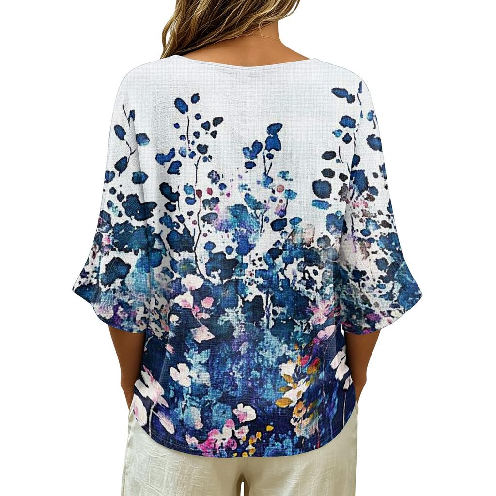 Women's Vintage Floral Print V Neck Short Sleeve Loose Fit T Shirt Made with Linen Blend Fabric Casual Summer Top for Daily Wear