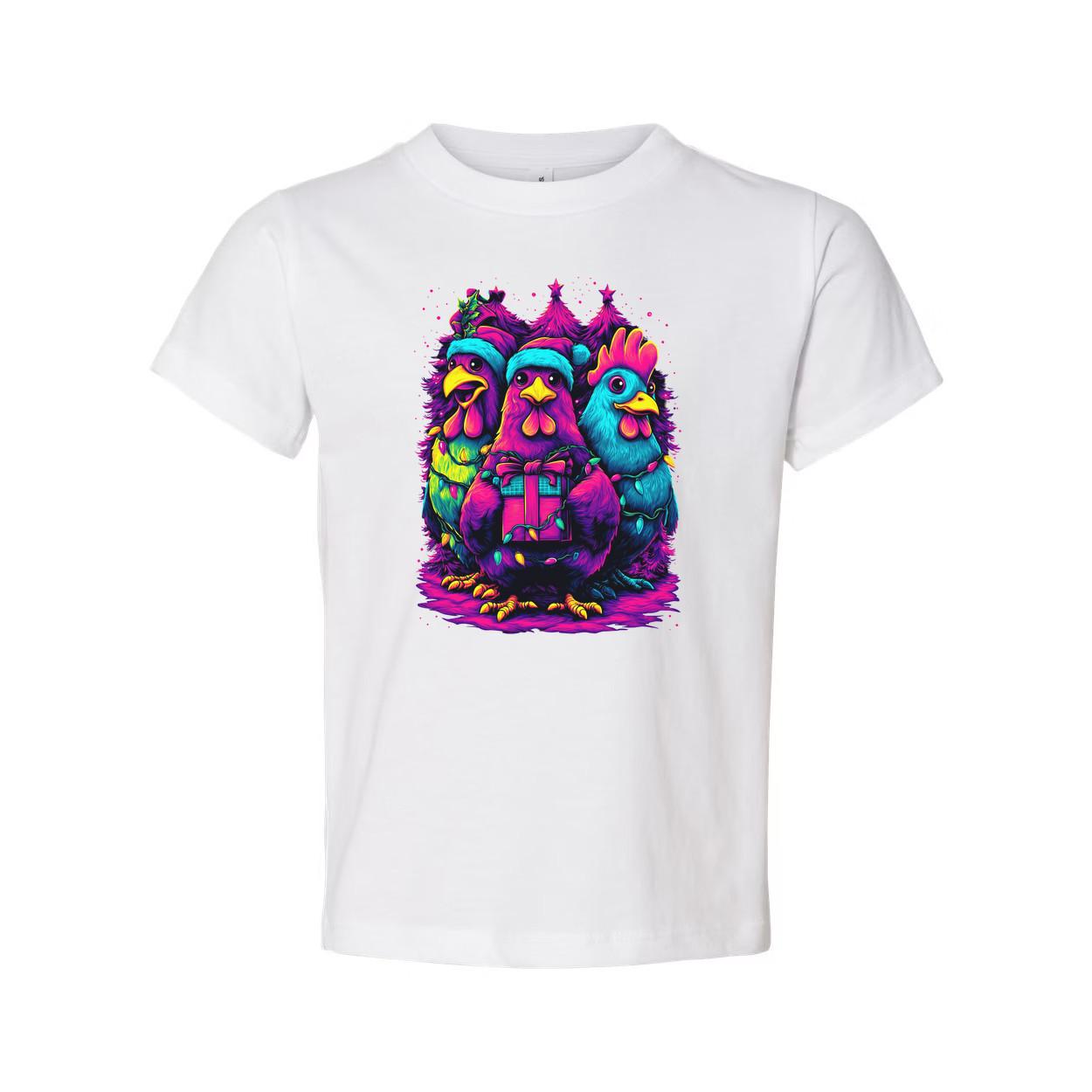 Unisex Christmas T Shirt With Neon Colorful Chickens Gift Box And Christmas Tree S разноцветный