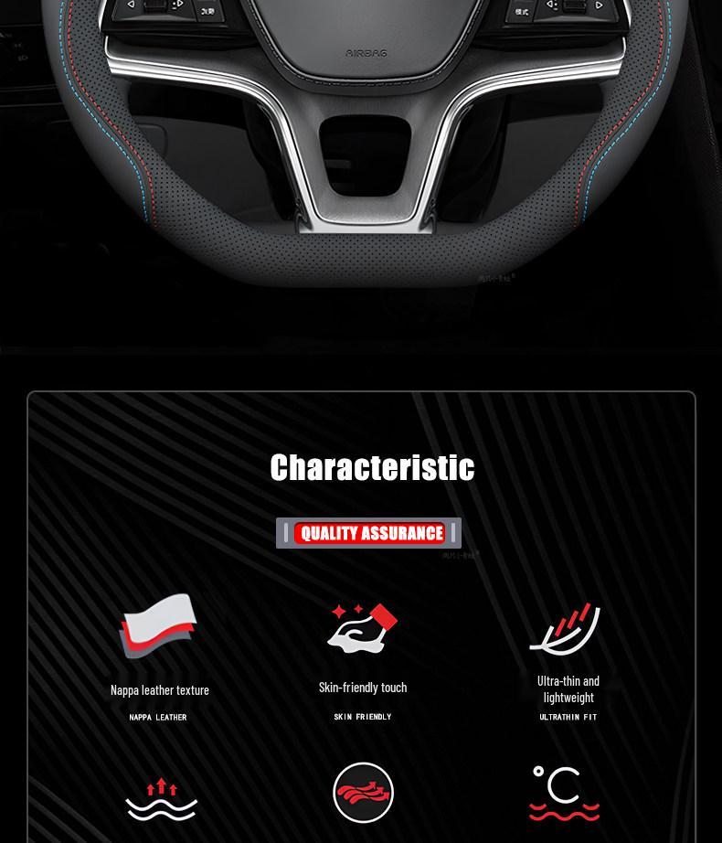 Genuine leather, hand-stitched non-slip steering wheel cover for BYD Dolphin 2021-2023 models.