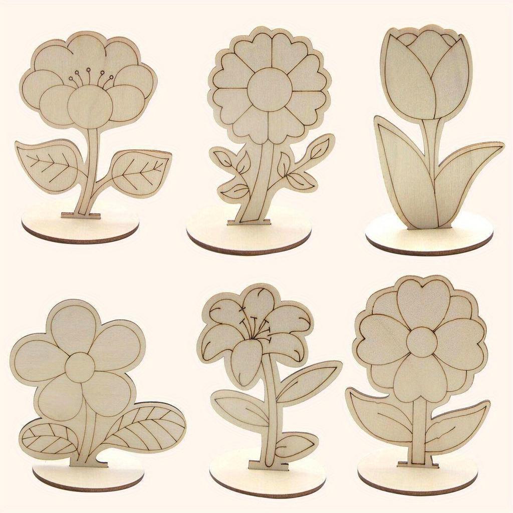 6pcs/set Wooden Ornaments Featuring Roses Lilies Sunflowers Painting Crafts Spring Home Decor Easter Party Table Decorations