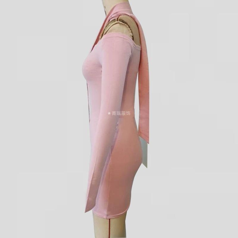 Women's Spring Sexy Solid Color Diagonal Shoulder with Tie Long Sleeve Dress