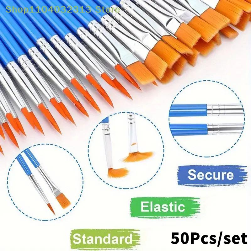 50Pcs Art Round Flat Hair Nylon Hair Paint Brush For Painting Brushes Set Oil Acrylic Watercolor Kids/Artists/Beginners/Student