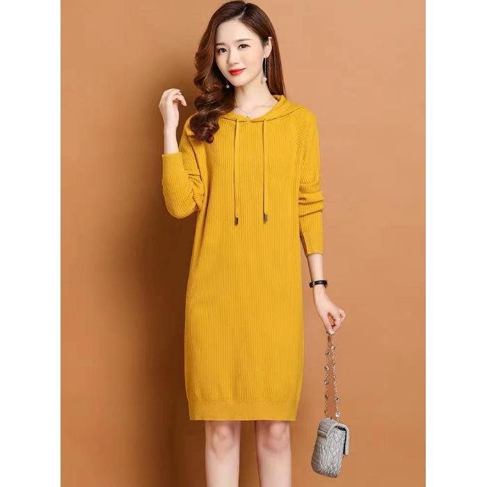 Early Autumn Hooded Knitted Dress Spring Autumn Medium and Long Autumn Slim Women's Dress 1 Color Sweater Dress