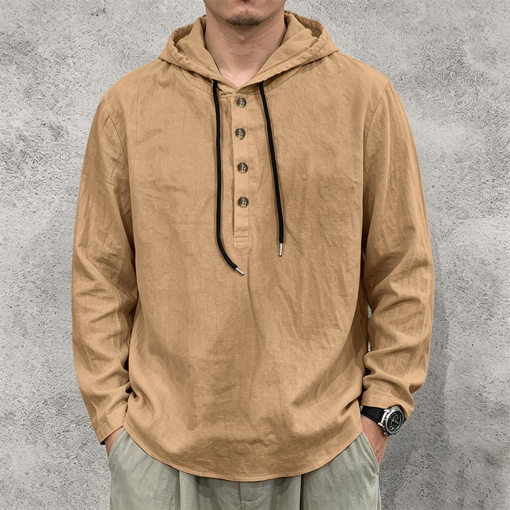Men's Long Sleeve Hoodie Shirt Linen Drawstring Button Front Pullover Casual Loose Fit Lightweight Top for Spring Autumn