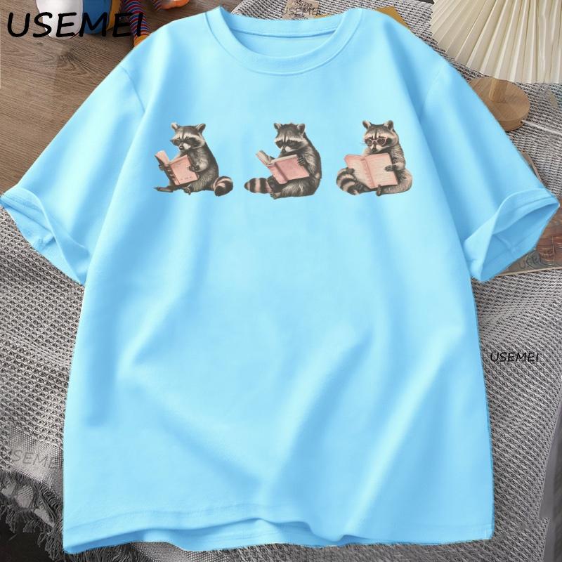 

Funny Raccoon Bookish Tshirt Unisex Women Tee Book Lover Bookworm Tshirt Cotton Short Sleeve Round Neck T Shirt Librarian Clothes 4XL