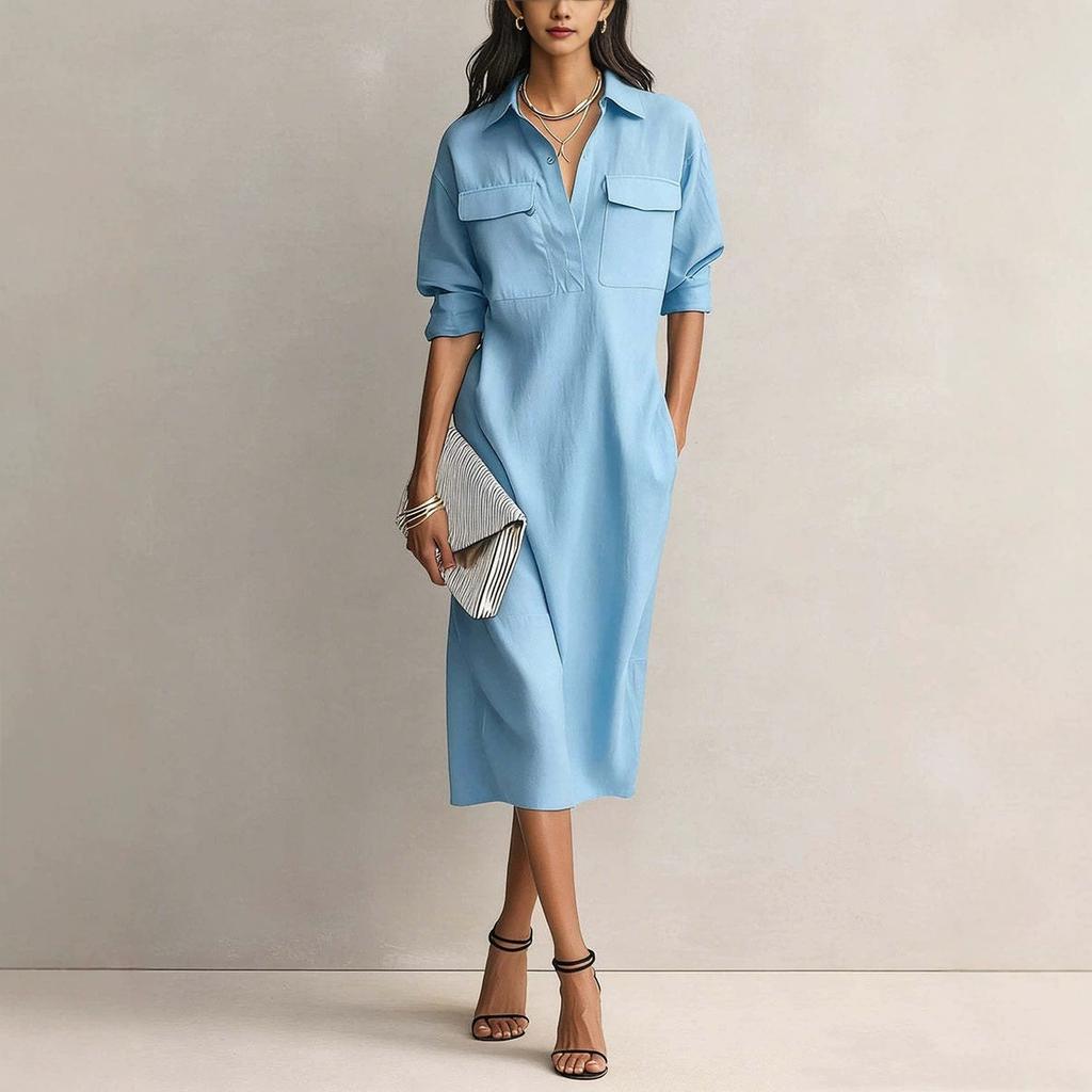 Abito casual da donna con bottoni frontali e doppie tasche sul petto, misto lino, lunghezza midi, vestibilità rilassata, abito camicia per l'uso quotidiano