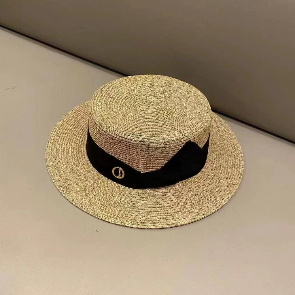 Simple temperament bow flat top hat women's elegant sun hat travel versatile British top hat straw hat