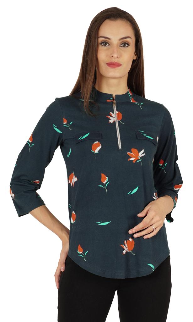 Inkmeso Fashionable Printed Casual Top For Women  s Mandarin Collar Relaxed-Fit Tunic