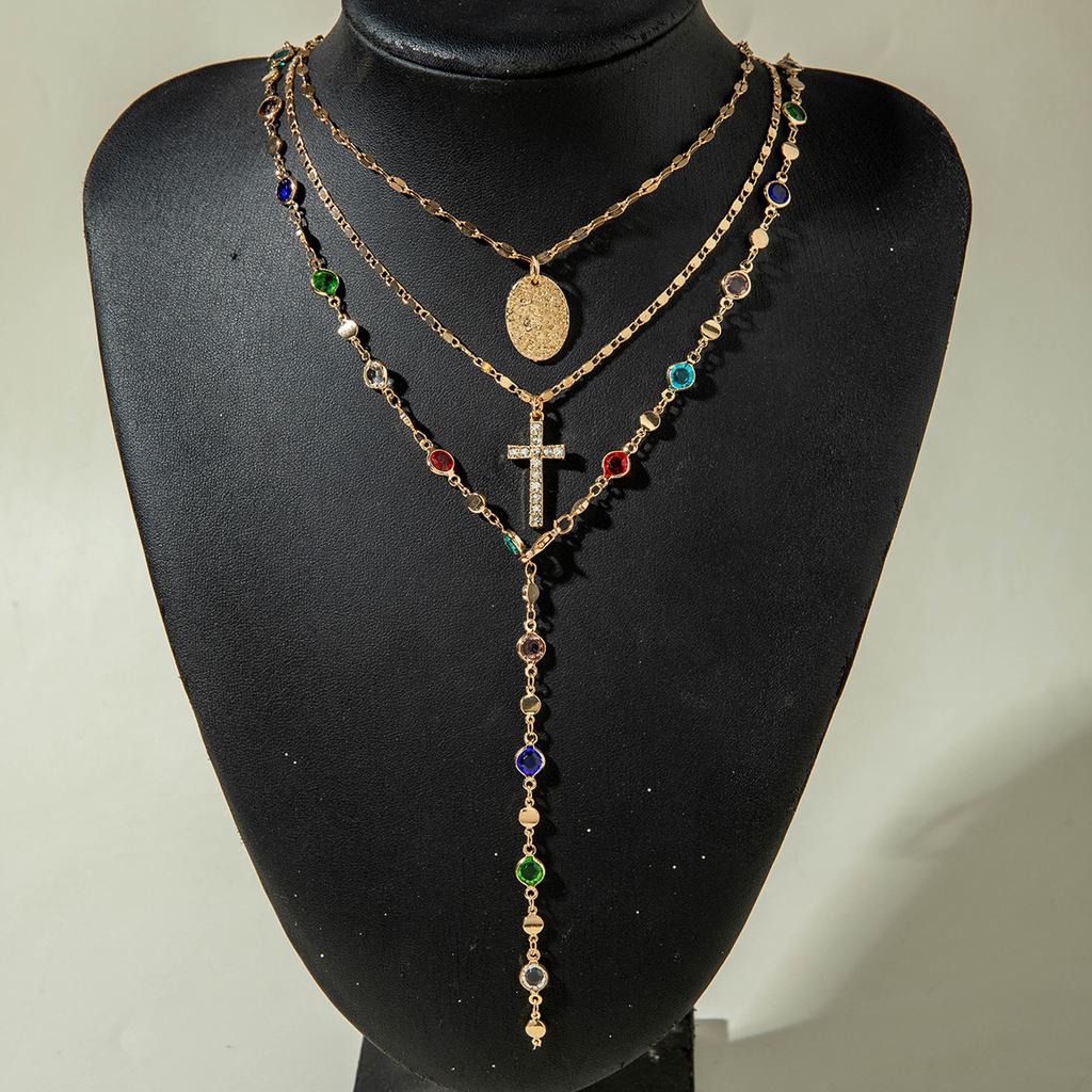 Élégant collier perle imitation femme, croix strass colorés multicouche avec collier en forme de Y