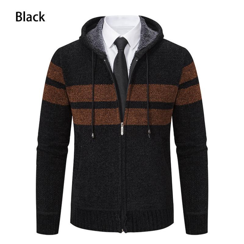 Men's Fall Winter New Fleece Lined Thick Hooded Knit Cardigan, Casual Sweater Outerwear