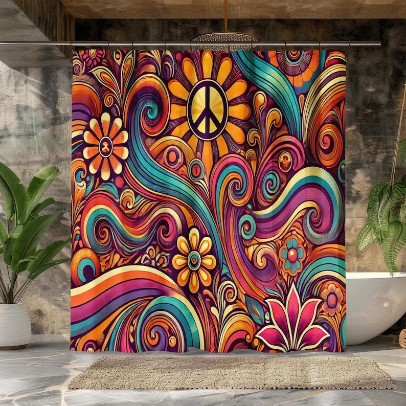 Hippie Shower Curtain, Retro 70s Psychedelic Decor, Colorful Peace Sign & Swirl Pattern, Funky Boho Bathroom Art, Flower Power