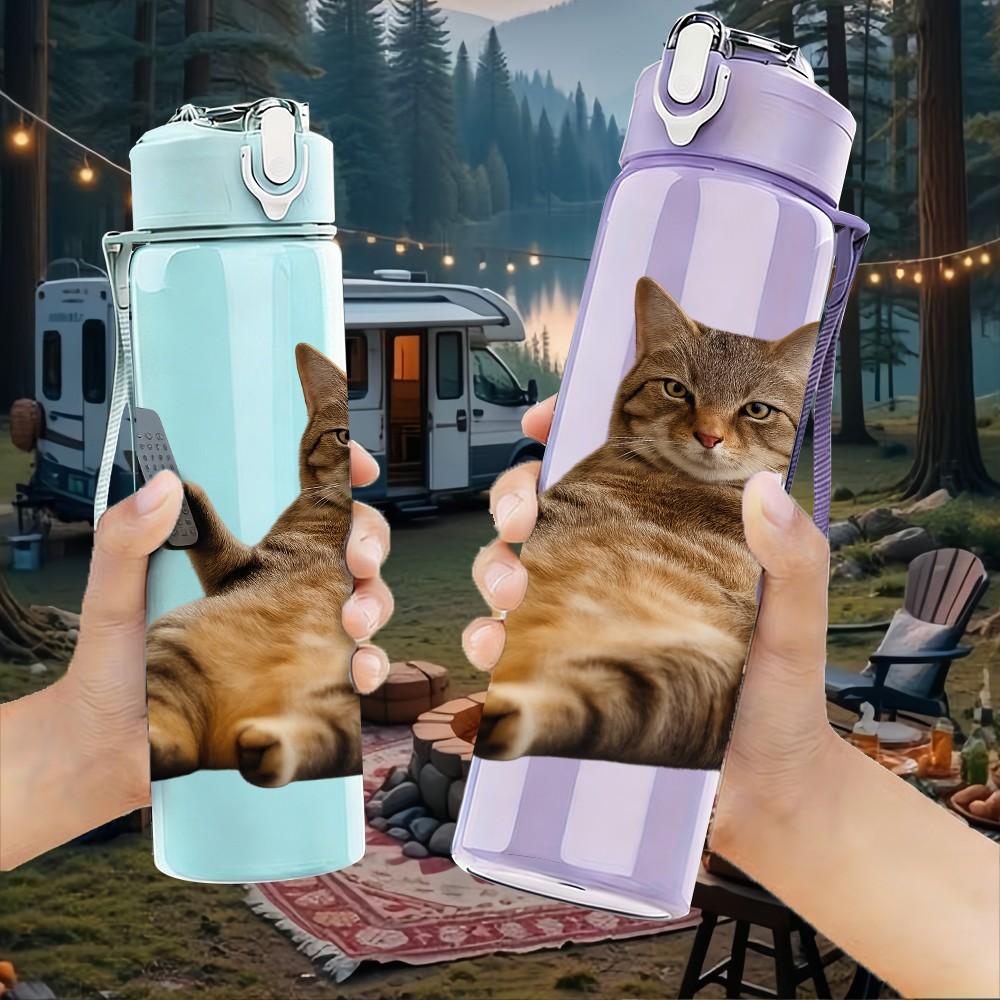 1PC Cat Holding Smartphone 750ml Color Plastic Sports Water Bottle Leakproof Flip Straw Lid Suitable for Sports Office Home Use