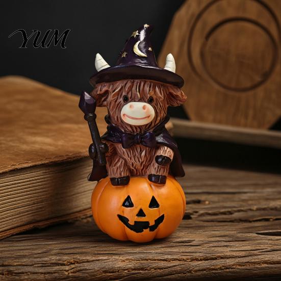 Unique Holiday Presents 2Pcs Halloween Highland Cow Witch Ornament, Resin Figurine with Hat Pumpkin Broom Farmhouse Table Ornaments & Skull,