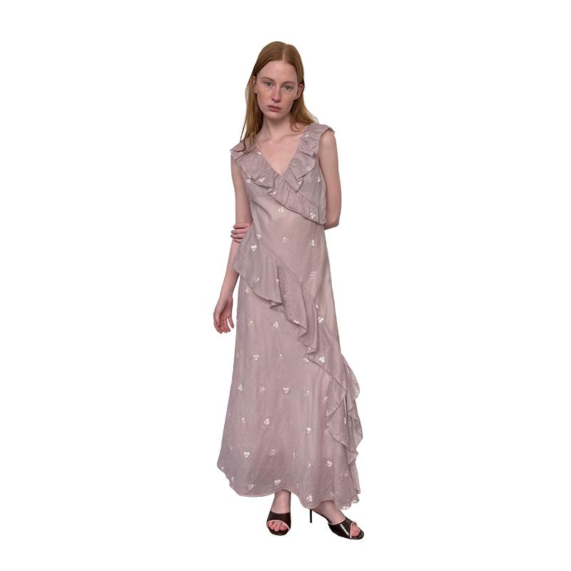 

Green Belt Pink Sleeveless Ruffle Hem Long Dress S