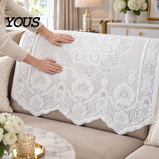 Lace Sofa Cover for Living Room White Armrest Chair Cover, Retro Couch Arm Embroidered Soft Polyester Blend Throw Furniture Protector Back Armchair,