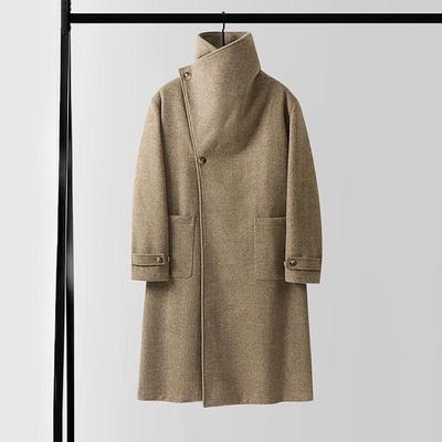 Abrigo largo asimétrico de cachemira para hombre con cuello alto y cinturón - Tallas grandes, corte holgado para otoño e invierno.