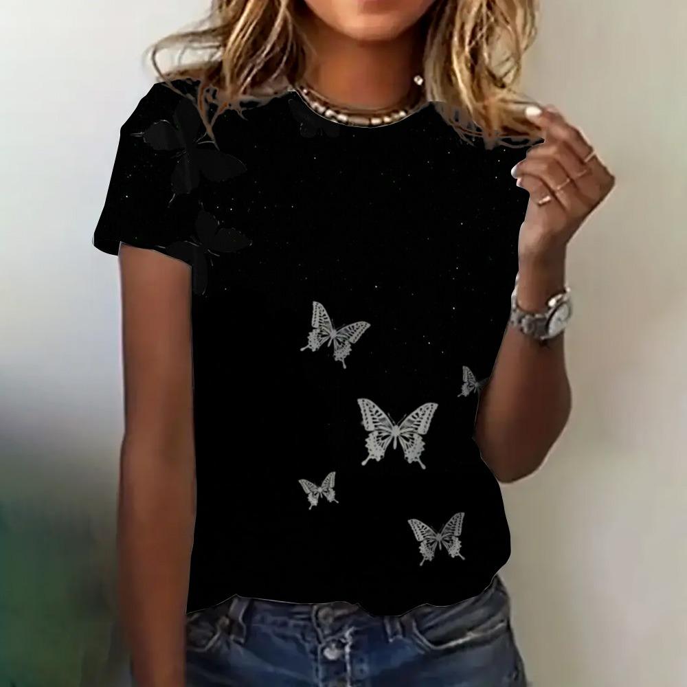 Summer New T-shirt Women's Clothing Casual Short Sleeve Butterfly Pattern Round Neck Elegant Blouse Women's T-shirt Price Is Low