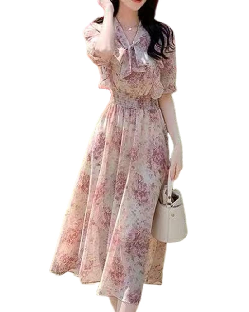 

Collecala Summer Floral Print Chiffon Maxi Dress with Long and Short and Shirred Waist for a Slimming Stylish and Cute for Party and Everyday Women s
