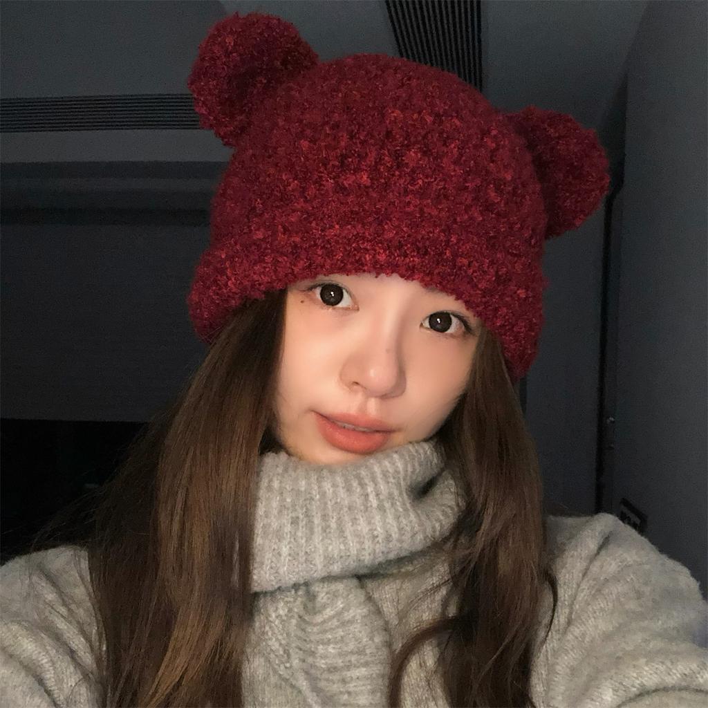 Soft Glutinous Cute Handmade Ears Bear Hat Women's Autumn and Winter Warm Curling Ear Protector Wool Hat
