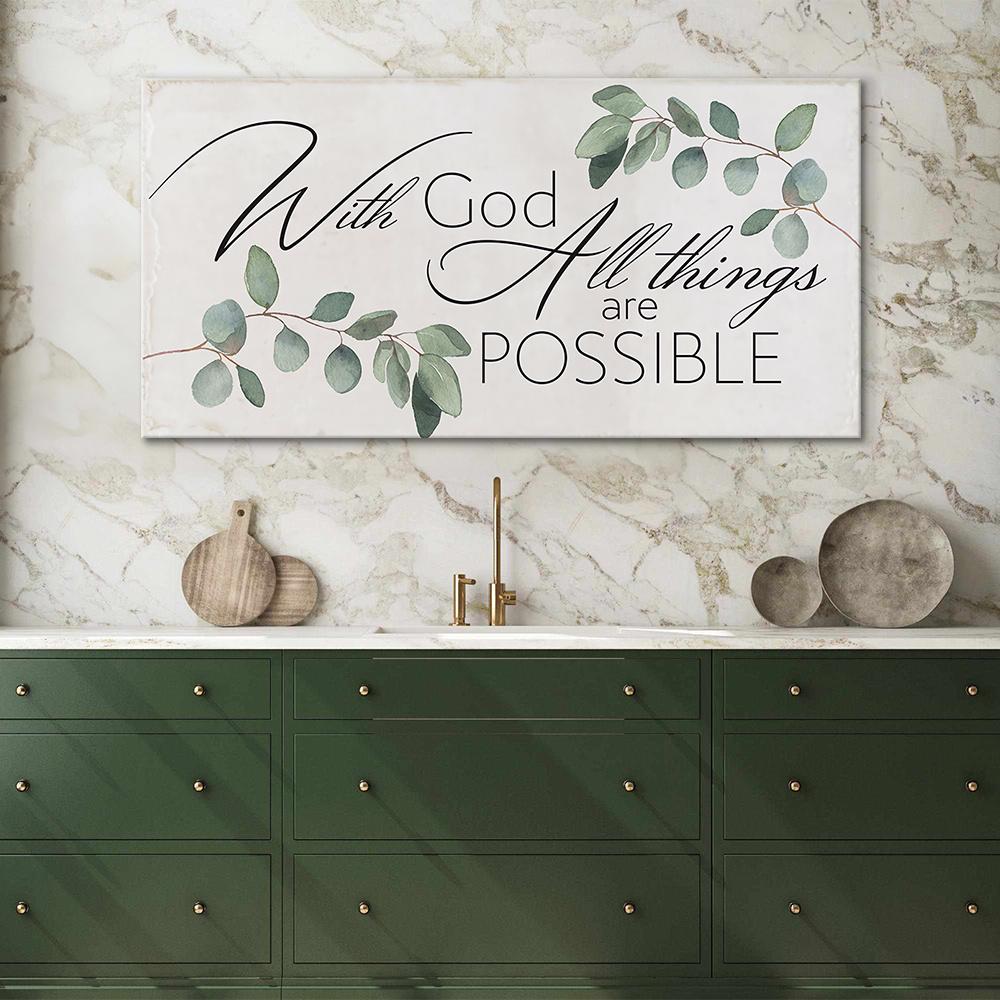 1 piece of modern religious inspired wall art canvas print - "Everything is possible with God" Matthew Gospel scripture, simple